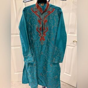 Embroidered Teal Kurta with Red Accents